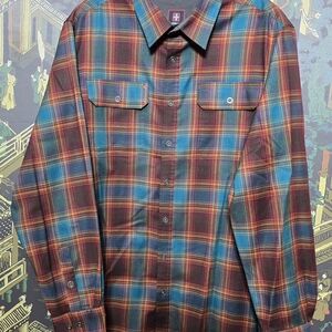 Swiss Tech Shirt Men's 2XL Brown/Teal/Red Plaid Long Sleeve Button Up Pockets